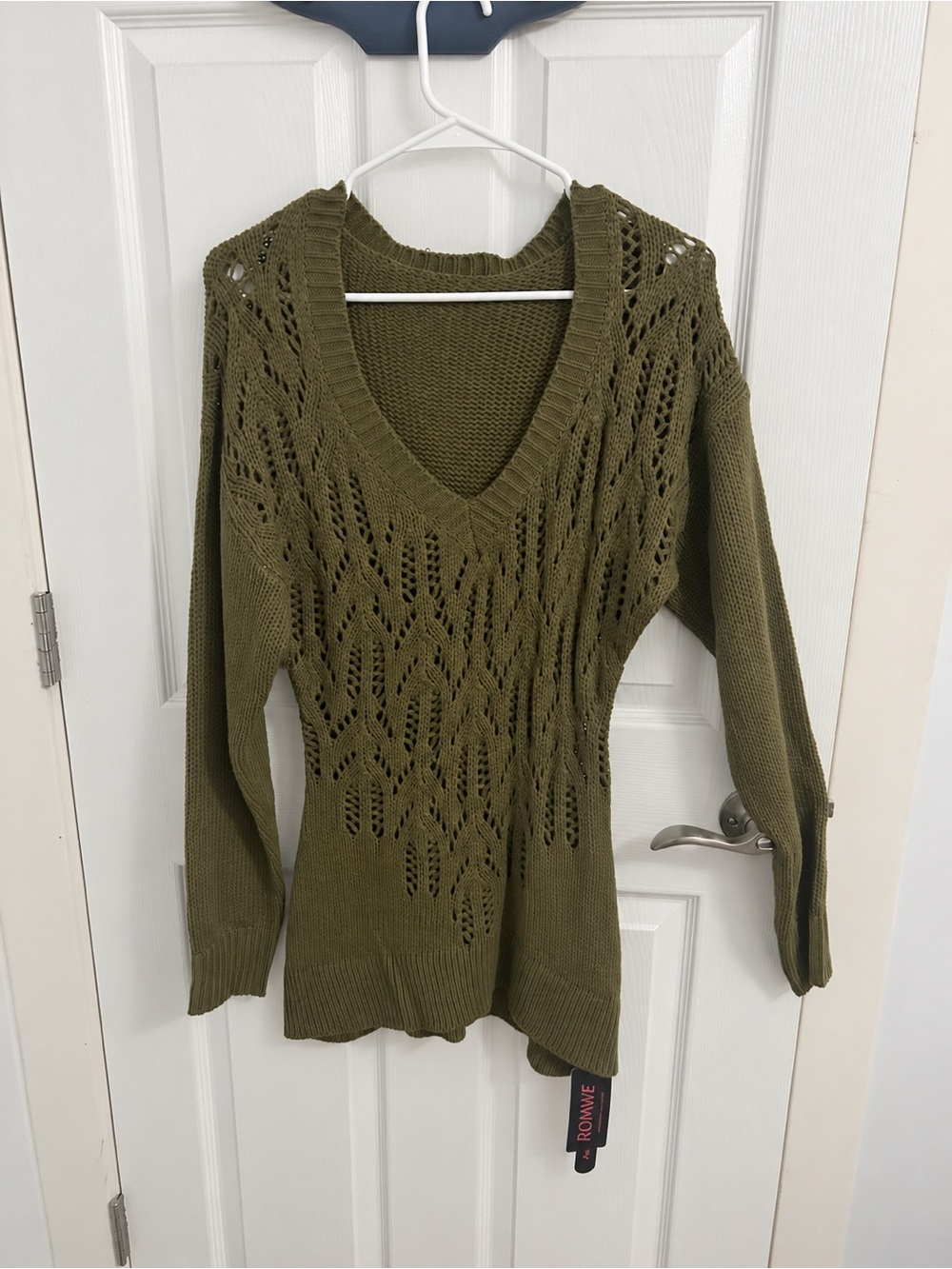 ROMWE Olive Green V-Neck Openwork Knit Sweater
